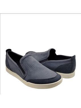 Ecco Danish Design Blue Suede Perforated Upper Almond Toe Slip-On Loafer Shoe